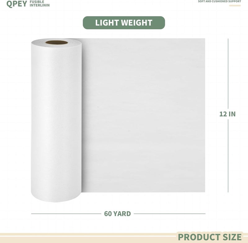 QPEY Light Weight Iron-On Non-Woven Fusible Interfacing,12inch x 60yd Interfacing Fabric for Sewing,Single-Sided Polyester Fabric for DIY Craft Supplies,Quilting,Sewing,Dresses,Collars,Cuffs (Light Weight) - Image 2